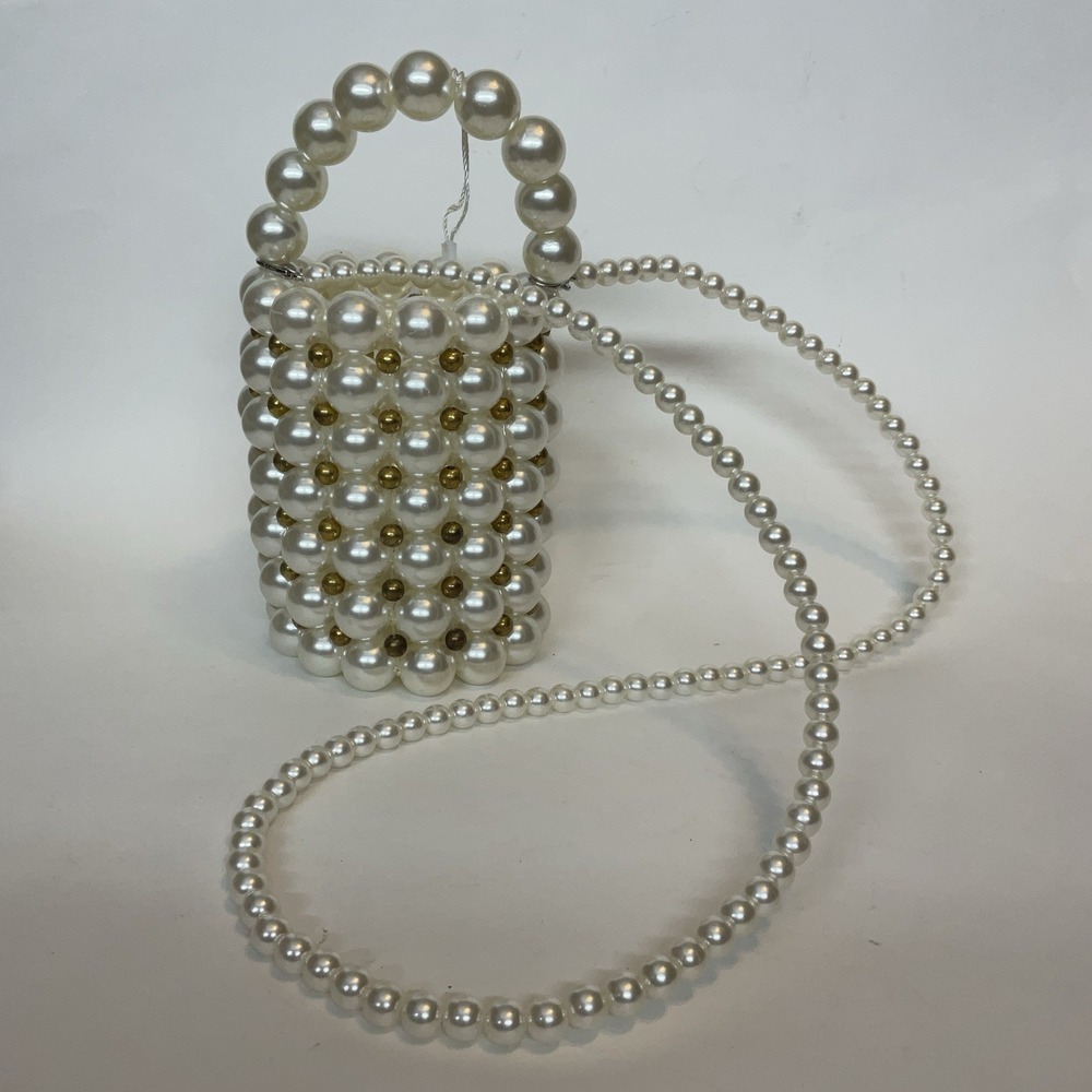 Vintage Faux Pearls Beaded Basket Style Crossbody Evening Purse Bag